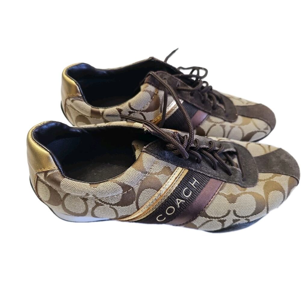 Coach Casual Sneakers Shoes "Jayme" Q582 Brown Gold Women's Size 8 Laces - Picture 1 of 8